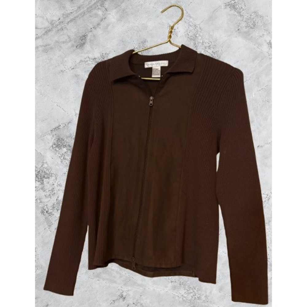 Napa Valley Brown Faux Suede Ribbed Knit Full Zip Cardigan Sweater Womens Medium